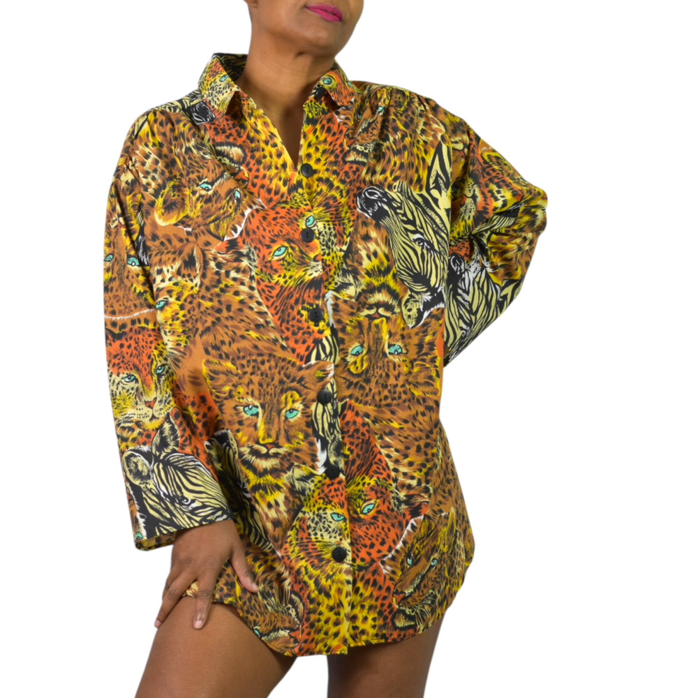 Village Fair Oversized Safari Shirt Brown Vintage Animal Print Lion Zebra Small